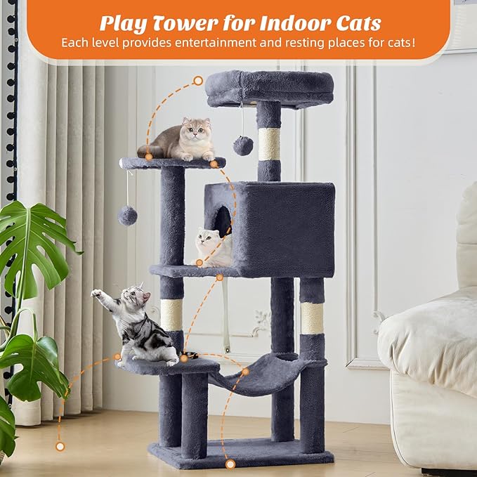 Cat Tree Tower 44 Inch, Small Cat Tower with Condo, Hammock, Sisal Scratching Posts, Extended Perch, Pet Play House for Indoor Kittens and Cats, Grey