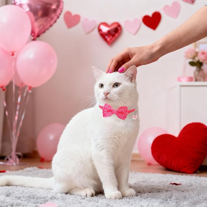 SCENEREAL Valentine's Day Cat Bandana Collars with Bell Bowtie - 2 Pack Breakaway Pink Kitten Collars, Adjustable Cute Love Heart Pet Accessories for Cats Small Dogs