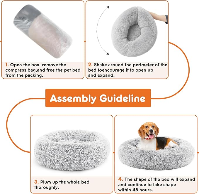 Sweetcrispy Donut Dog Bed, Large Round Calming Cat Bed with Washable Waterproof Cushion, Anti-Anxiety & Anti-Slip Fluffy Cuddle Cozy Faux Fur Plush for Pet Puppy Indoor Sleeping (30.7"x30.7", Gery)