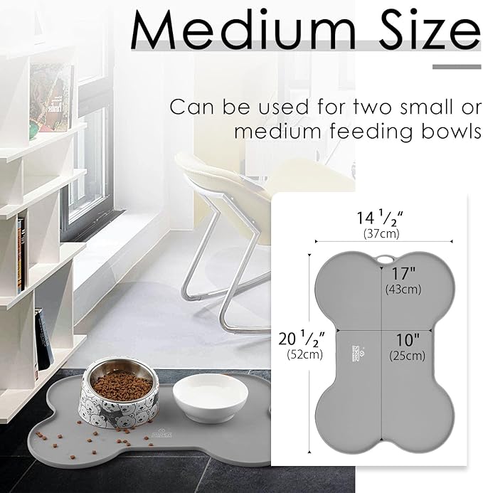 Super Design Dog Food Mat Dog Bowl Tray for Food and Water, Silicone Non-Spill Waterproof Pet Feeding Mat Puppy Placemat Easy-Clean, 20.5" x 14.5", Grey