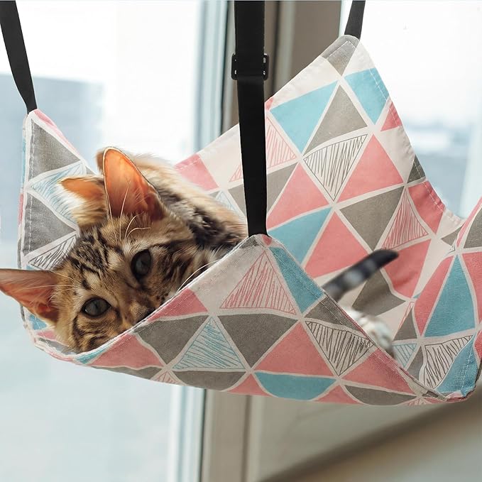 Jetec 2 Pack Cat Hammock for Cage, Catio Accessories Reversible Soft Cats Bed with Adjustable Straps and Hooks Double-Sided Linen and Fleece Hanging Hammock for Cats, Kitten(Geometry Pattern,M)