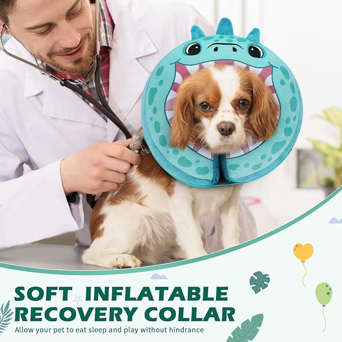 IEUUMLER Inflatable Recovery Dog Collar, Protective Donut Cone, Adjustable Soft Collar for Dog and Cat After Surgery Prevent from Biting & Scratching EU002 - Teal Dinosaur L
