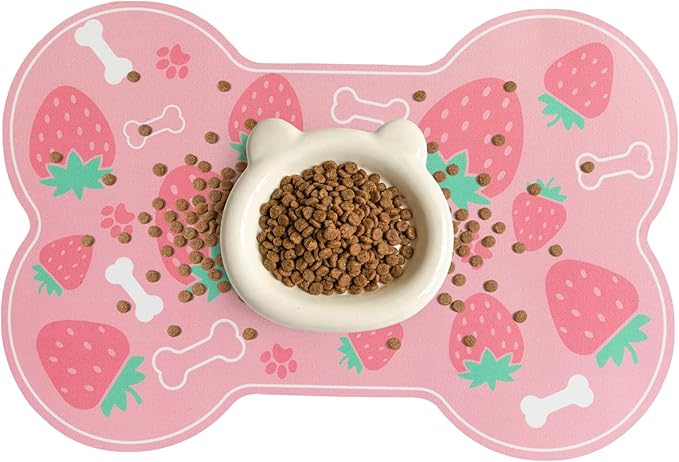 Dog Food Mat, 0.15” Thickened Super Absorbent Pet Feeding Mat for Food and Water, Fruit Donut Pattern Cat Placemat, Quick Dry Non-Slip Dog Bowl Mat, Water Splash Proof（Medium Strawberry Pink）