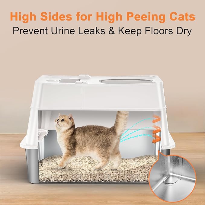 URPOWER Stainless Steel Cat Litter Box with Lid Extra Large Enclosed Litter Box for Cats Non-Sticky Metal Pan with High Sided Enclosure & Scoop, Front & Top Entry, Anti-Leakage, Easy Cleaning