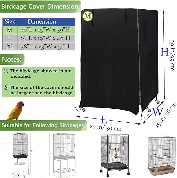 Bird Cage Cover Good Night for Medium Cage with Zipper, Bird Universal Pet Cover Good Night for Cats, Mink, Totoro, Parakeet, Parrot and Small Animals, Medium (20" L x 15" W x 39" H)