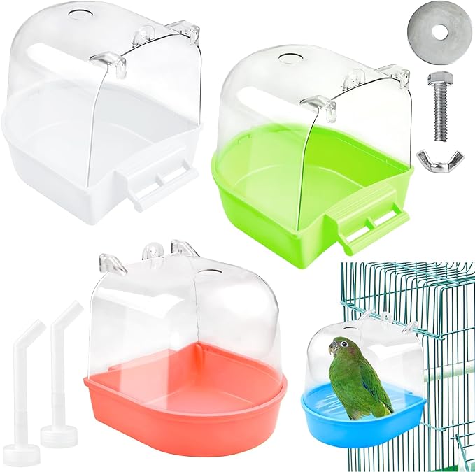 Supkiir 4Pcs Clear Bird Bath for Cage, Parakeet Bath Cage Accessories with Water Injectors, Hanging Bird Bath Box Parrot Bird Bathing Tub for Small Birds Cockatiel Conure Canary Budgies