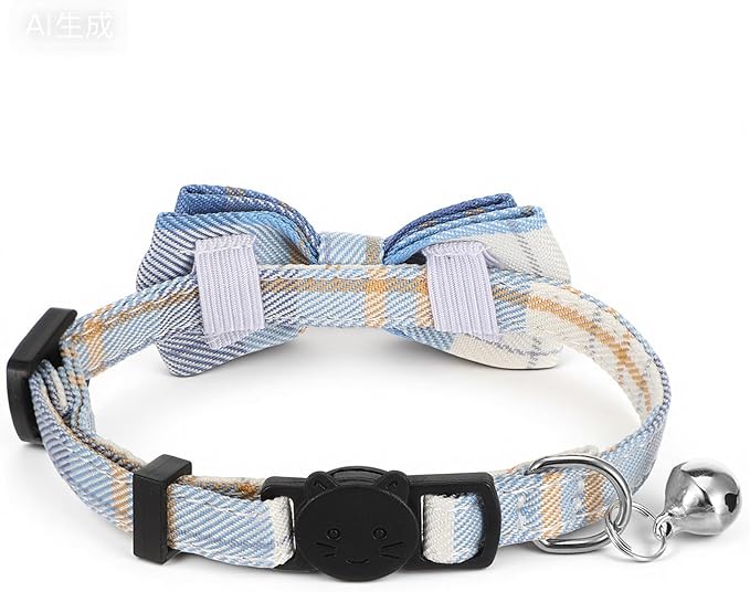 2 Pcs Cat Collar Breakaway with Bell and Bowtie - Adjustable Cat Bow Tie - Plaid Kitten Collar for Small Pets