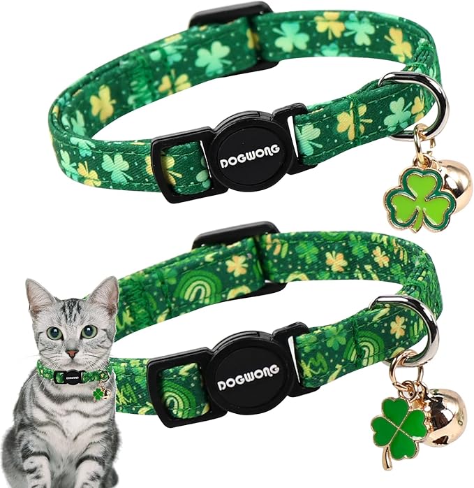 2 Pack St.Patrick's Day Kitten Collars,DOGWONG Cute Shamrock Breakaway Kitty Collars,Spring Green Trefoil Cat Collar with Bell, Lucky Clover Kitten Collars for Girl & Boy Cats