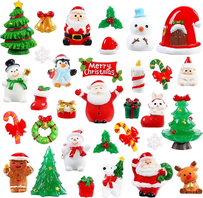 DIYDEC 32Pcs Christmas Miniature Figurines, Mini Resin Figurines to Hide Small Resin Santa Claus Snowman Xmas Trees Animals for Xmas Goodie Bag Fillers Winter New Year Holiday Party Favors Decorations