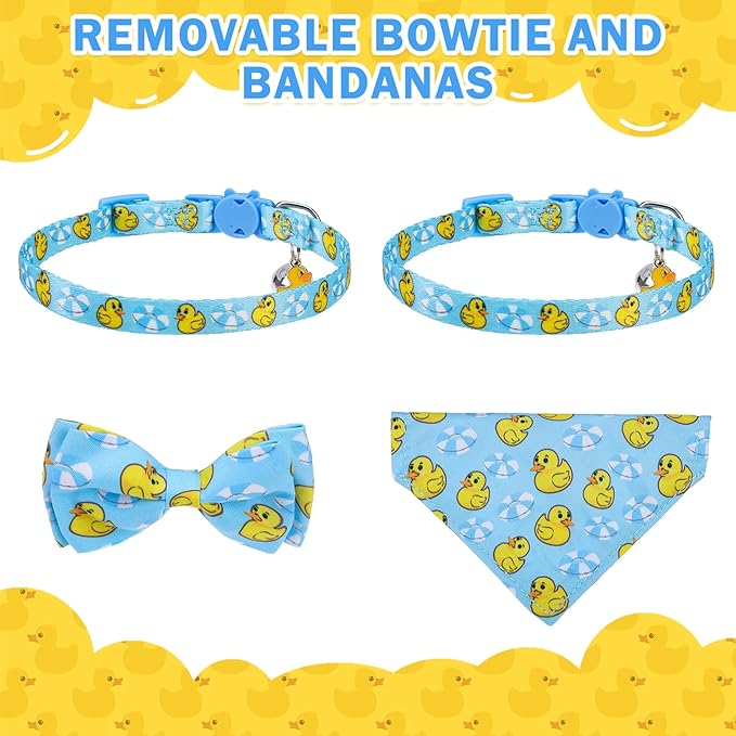 SCENEREAL Cat Collar with Bells, 2 Pack Breakaway Cat Collars with Removable Bowtie Bandana, Adjustable Cute Kitten Collar for Pet Small Dogs Boys Girls, Blue Duck