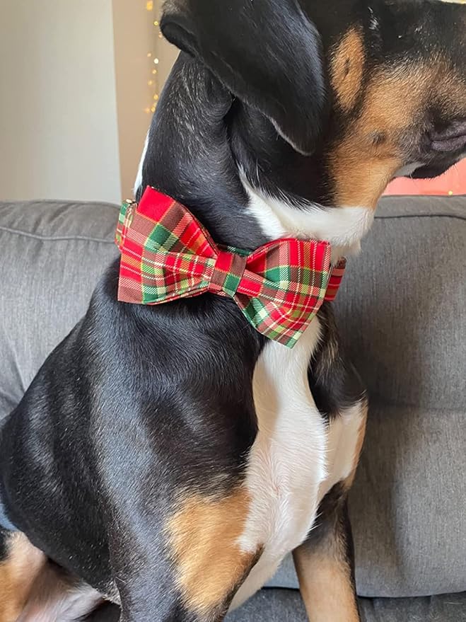 Dog Collar - Christmas Red Plaid Dog Collars Bowtie Gift Soft Bow Collar with Bow Adjustable Metal Buckle Pet Collar for Medium Dogs