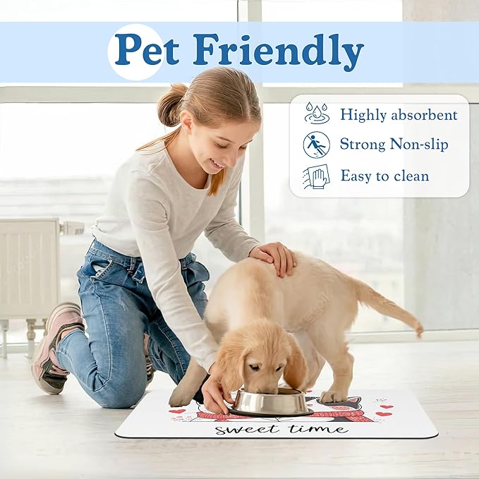 Sweet Cat Lovers Dog Cat Food Mat–Christmas Stocking Absorbent Waterproof Placemat for Food and Water Bowls, Non Slip Rubber Backing, Feeding Mat for Clean Floors 12"x20"