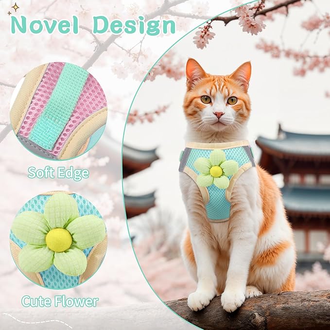 Cat Harness and Leash Set for Walking Escape Proof, Adjustable Kitten Harness Breathable Mesh with Reflective Strips Harness with Flower for Kitty Puppy Bunny Green XS