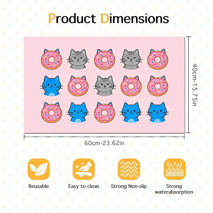 Cat Feeding Mat 24x16 inch Donut Cat Print Pet Bowl Placemat Non Slip Floor Mat for Food and Water Indoor Kitty Feeding Station Cute Meal Pad for Small Pets Kitchen Use