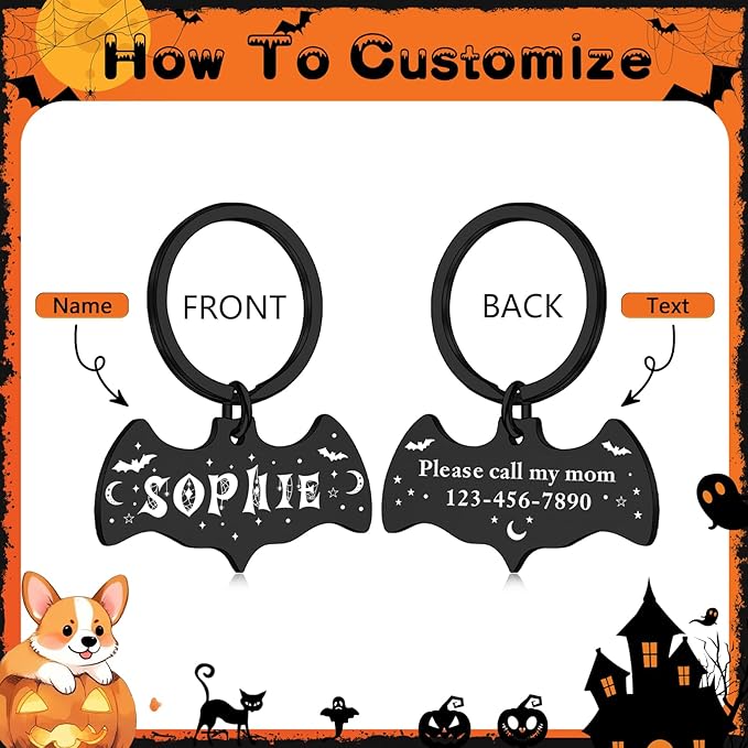 Personalized Pet Tags for Dog Cat, Custom Halloween ID Tags for Dogs, Dog Name Tags Engraved for Pets, Boo Basket Stuffers, Halloween Gifts for Dogs Lovers (Bat)
