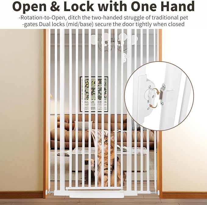 59“ Extra Tall Cat Gate for Doorway: 33.4-37.4” Wide Pet Gate, Auto Close/One Handed Open, 1.34” Extra Small Gap, No Drill Pressure Mount Tall Cat Gate for Interior Stairs/Kitchens/Hallways (White)
