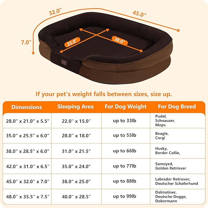 Dwanton Orthopedic Dog Bed for Extra Large Dogs with Gel Memory Foam, Waterproof Dog Sofa, Washable Pet Bed with Four Sided Bolster Cushion, Removable Cover & Non-Slip Bottom, 45", Brown