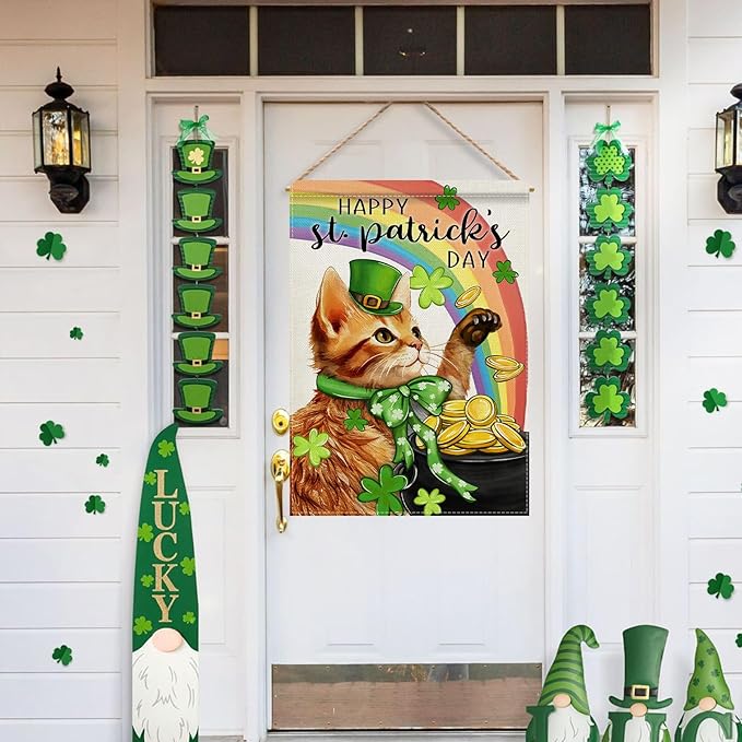 Dyrenson Happy St Patricks Day Orange Cat 28 x 40 House Flag Double Sided, Pet Rainbow Pot of Gold Garden Yard Decoration, Spring Irish Shamrock Clover Burlap Outdoor Decor Decorative Large Flag