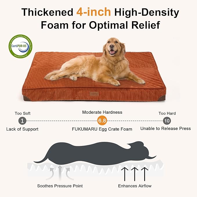 FFUKUMARU Dog Bed, Thickened Corduroy Orthopedic Dog Beds with Washable Cover, XL Waterproof Dogs Bed for Crate, 28D Egg Crate Foam Support Pet Mat, Cozy Pet Bed Pad with Anti-Slip Bottom, Orange