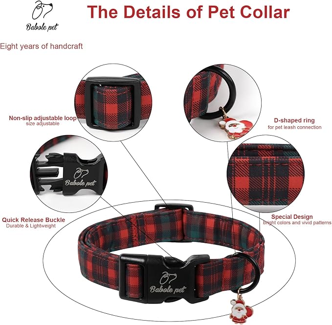 Christmas Dog Collar for Large Dogs - Vintage Red Green Tartan Christmas Collars for Dogs, Soft Adjustable Winter Holiday Dog Collars with Quick Release Buckle L
