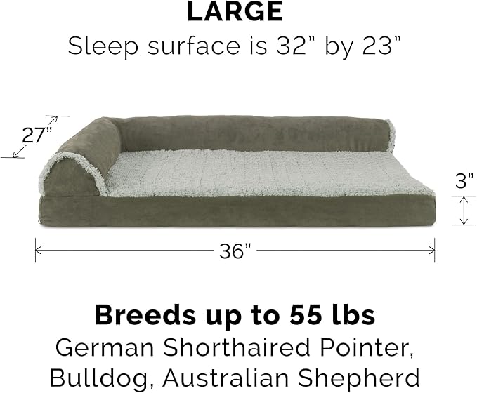 Furhaven Orthopedic Dog Bed for Large/Medium Dogs w/ Removable Bolsters & Washable Cover, For Dogs Up to 55 lbs - Two-Tone Plush Faux Fur & Suede L Shaped Chaise - Dark Sage, Large