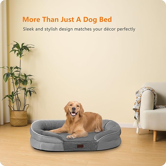 Dwanton Orthopedic Dog Bed for Large Dogs with Gel Memory Foam, Waterproof Dog Sofa, Washable Pet Bed with Four Sided Bolster Cushion, Removable Cover & Non-Slip Bottom, 42", Medium Gray