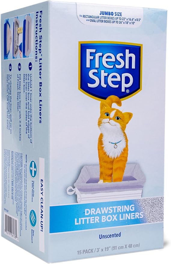 Fresh Step Jumbo Drawstring Cat Litter Box Liners, Unscented Heavy Duty Kitty Litter Bags for X-Large Oval or Rectangle Pans, Helps Contain Mess, Easy Lift Out Cleanup, 36 x 19 in, 15 Count - 12 Pack
