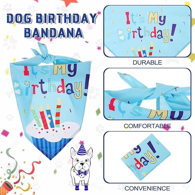 Dog Birthday Decorations,Puppy Birthday Party Outfits, Birthday Hat,Bow Tie,Bandana,Happy Birthday Banner,Pet Theme Suit Apparel & Accessories for Boy Golden Doodle Teddy Husky Labrador(4PCS Blue)