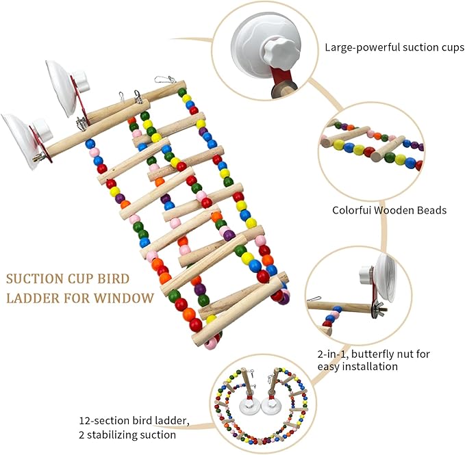 FlidRunest Suction Cup Wooden Bird Perch Stand Toy, Colorful Bird Parrot Ladder Bridge Toys for Window/Bath/Car, Climbing Ladder for Parrot, Lovebird, Parakeet, Budgie