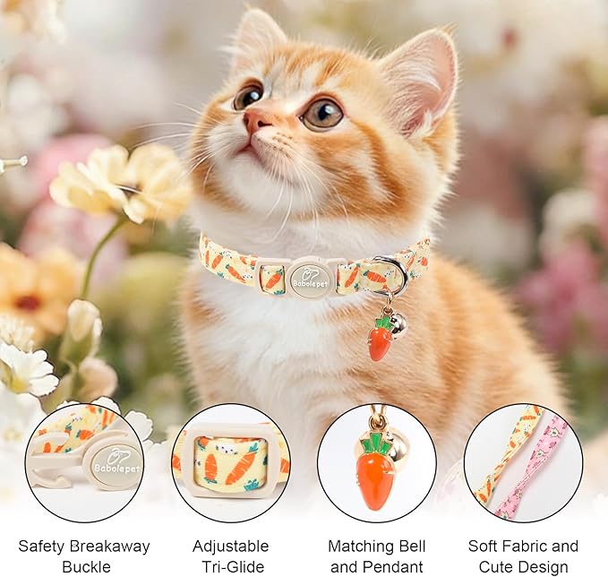 2 Pack Easter Cat Collars - Playful Chick & Carrot Easter Breakaway Cat Collar with Bell & Matching Pendant, Adjustable Spring Holiday Pink Yellow Kitten Collars for Boy Girl Cats