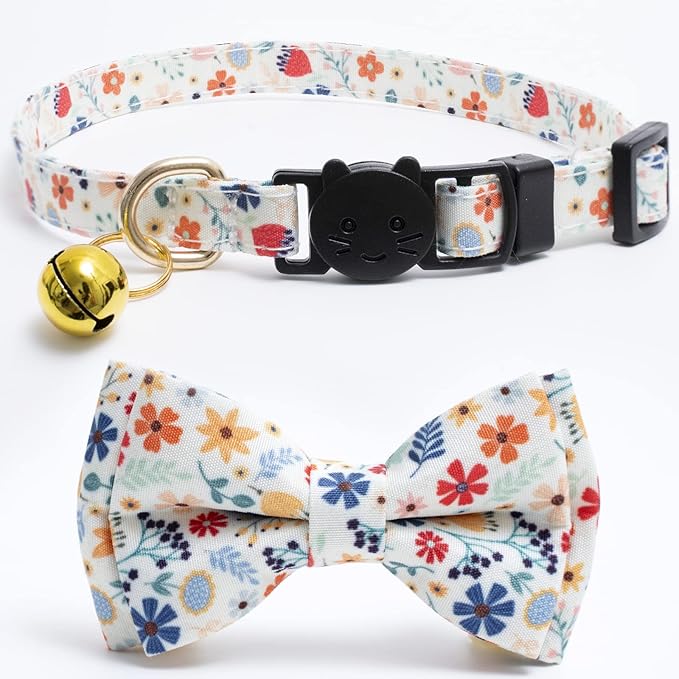 Faygarsle 2 Pack Cotton Designer Breakaway Cats Collar with Bow Tie and Bell Cat Collars for Girl Female Cat Collar with Bell Collars for Cats Flower Pattern