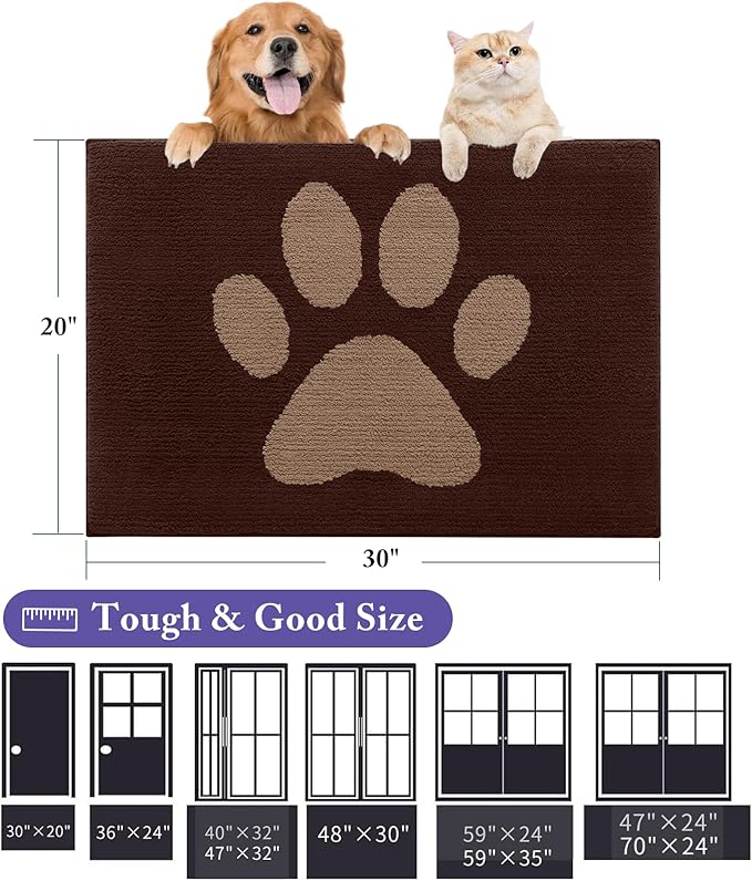 Buganda Dog Door Mat for Muddy Paws, Absorbent Dirt Trapper Non Slip Indoor Doormats, Washable Low-Profile Mat for Mud Dogs, Entryway Carpet for Inside Floor (70x47 Inches, Brown)