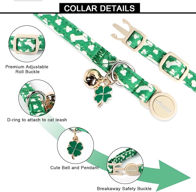 Lionet Paws 2pcs Pack St. Patrick Cotton Cat Collar,Breakaway Buckle with Clover and Bone Stick Cute Adjustable Green Cat Kitten Collar,Ideal for Girl Cats Boy Cats