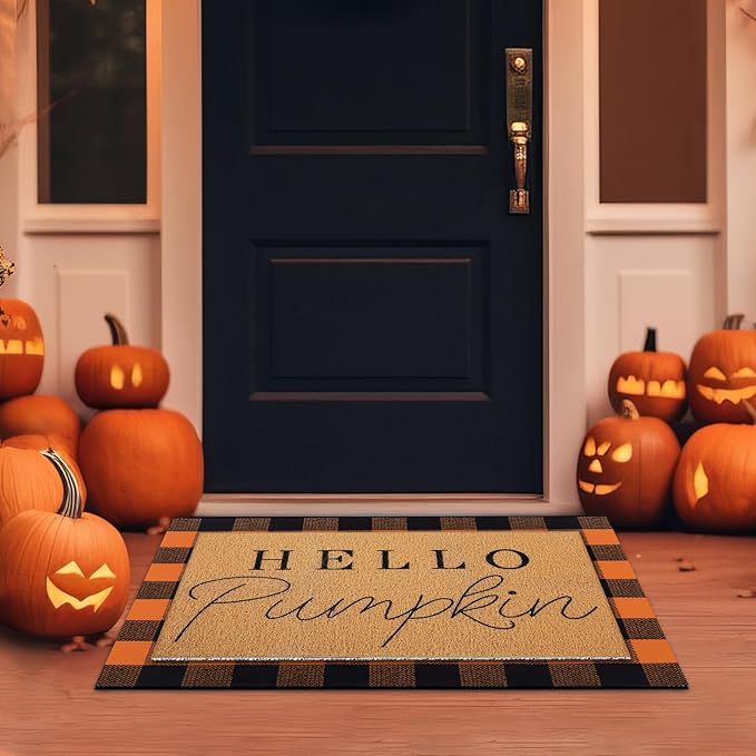 Tinideya 2 Pcs Door Mat Welcome Non Slip Coir Mats Floor Layering Doormats Seasonal for Front Porch Entryway Decor(Black Orange)
