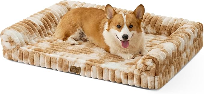 Cute Dog Bed for Medium Dogs, Faux Rabbit Fur Orthopedic Foam Dog Bed with Sides, Removable Washable Cover & Waterproof Lining, Comfortable Pet Couch, Tie-Dye Brown (36" L x 20" W x 6" Th)