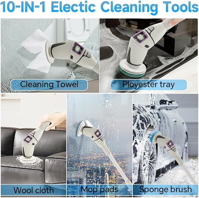 10-in-1 Electric Spin Scrubber for Cleaning, Voice Broadcast Rechargeable Power Scrubber, Aquarium Cleaner, Cordless Shower Cleaner Brush for Tile/Bathtub/Floor/Shoes/Car-Light Gray