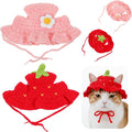 2PCS Strawberry Cat Hats Cute Flower Crochet Hats for Cats Small Pets Birthday Party Christmas Halloween Easter Travel Accessories Puppy Hat