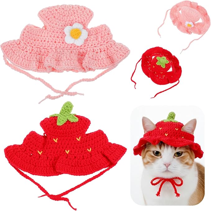 2PCS Strawberry Cat Hats Cute Flower Crochet Hats for Cats Small Pets Birthday Party Christmas Halloween Easter Travel Accessories Puppy Hat