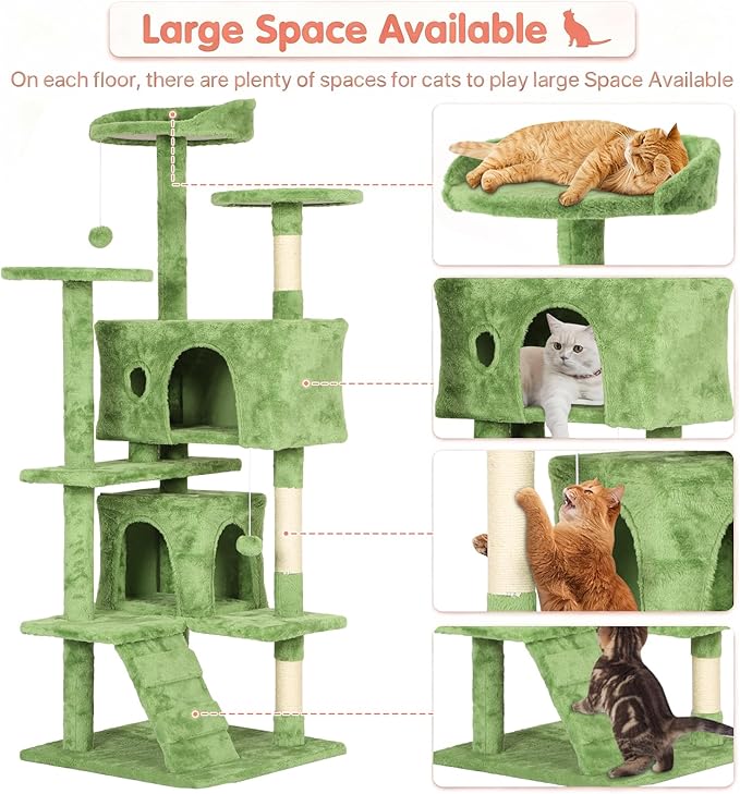 54in Cat Tree Cat Climbing Tower with Scratching Post, Cats House Perch Kitten Tree Condo Wood Playhouse, Pet Trees Tower for Indoor Cats, Green