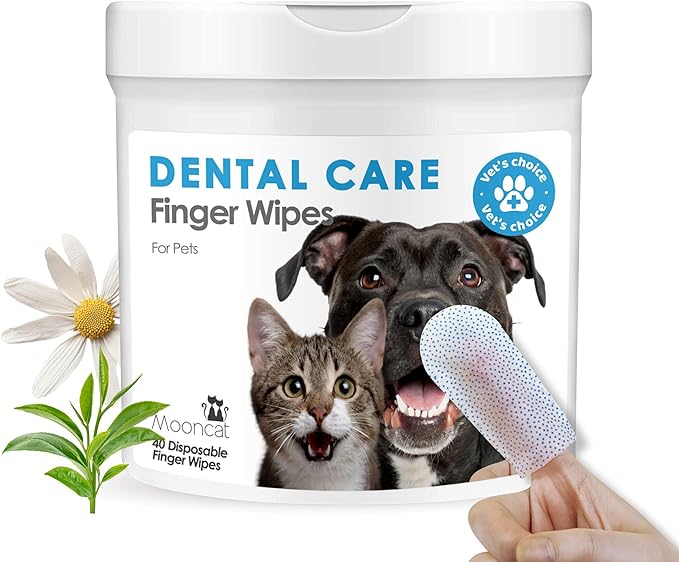 Mooncat Dental Finger Wipes for Dogs & Cats - Easy Teeth Cleaning to Remove Plaque, Tartar & Freshen Bad Breath - Gentle Tooth Wipes for Puppy & Kitten Care - 40 Counts