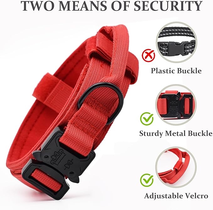 Tactical Dog Collar, Adjustable Military Training Nylon Dog Collar with Control Handle and Heavy Quick-Release Metal Buckle for Small Medium Large Dogs, Red L