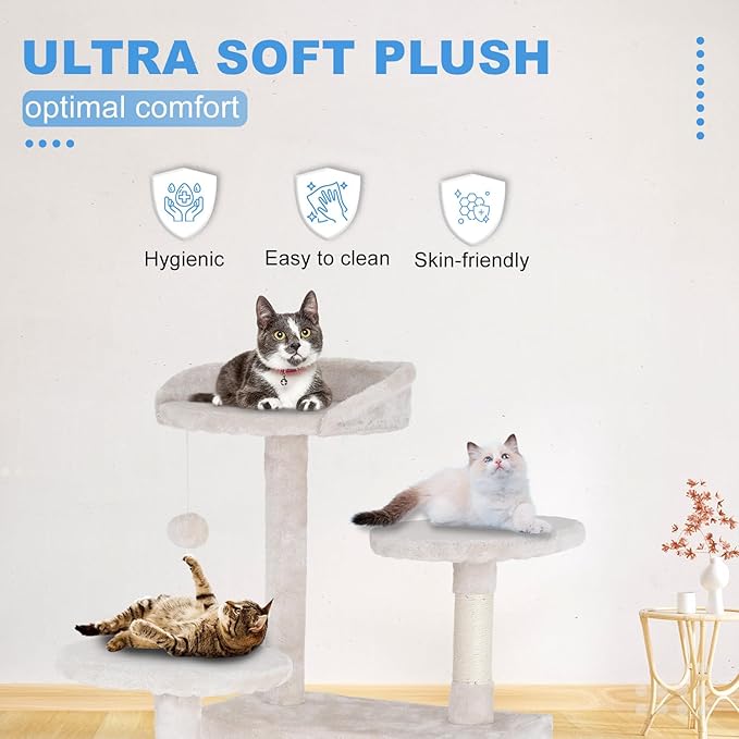 FDW | 54" Cat Tree Tower | Beige | Multi-Level Indoor Activity Center with Sisal Scratching Posts, Condos, Plush Perches, Hanging Cat Toys | Sturdy, Easy to Assemble | for Kittens & Adult Cats