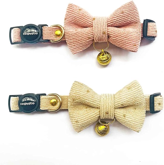 Safety Quick Release Cat Collars, Soft Kitten Collars with Detachable Bow Tie and Bell, Pack of 2, Adjustable 20-30 cm (20-30cm, Pink+Cream)