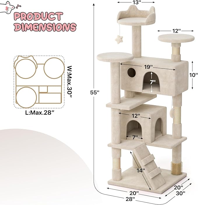 MoNiBloom 54 Inch Cat Tree Tower for Indoor Cats Large Adults, Cat Tower with Scratching Post, Multi-Level Furniture Activity Center with Cat Condo Pet Play House, Beige