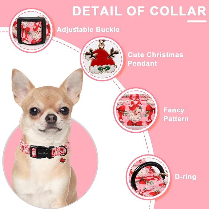 Unique Style Paws Christmas Dog Collar, Pink Dog Collar with Santa Claus Pattern, Lightweight & Adjustable Pet Collar with Plastic Buckle for Small, Medium, Large Boy Girl Dogs