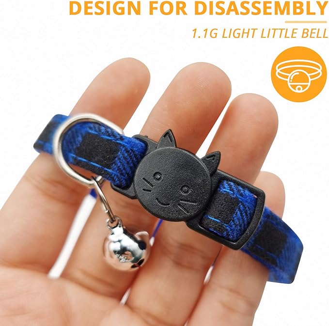 MJIYA Stylish Plaid Cat Collars with Bells - Adjustable Breakaway Kitten Collar (8-12 Inches) - Cute Collar for Girls and Boys - Pet Gift and Accessory（Blue, M