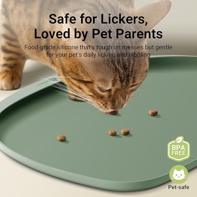 DownyPaws Cat Food Mats for Floors Waterproof, BPA Free Silicone Pet Feeding Mat, Non-Slip Pet Food Mat with High Raised Edge, Cat Placemat for Messy Drinkers, 18"×12.5", Sage