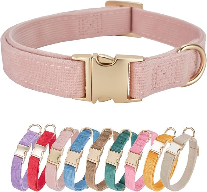 Soft Cotton Dog Collar with Metal Buckle Adjustable Heavy Duty Comfy Corduroy Collars for Small Medium Large Dogs,Light Pink,Large