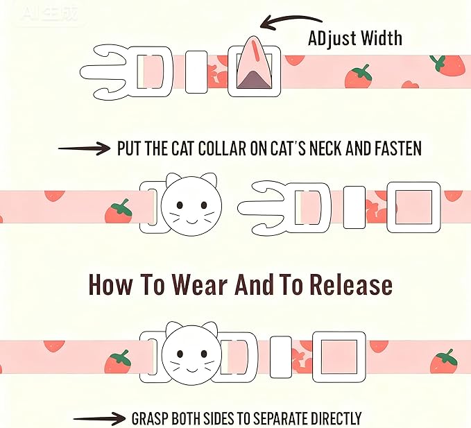 2-Pack Cotton Breakaway Cat Collar with Bell - Pink Strawberries & White Heart Pendant, Adjustable Soft Kitten Collar for Safety and Comfort