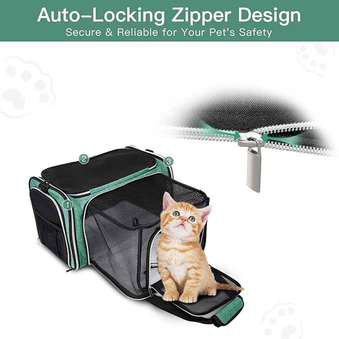 BAGLHER Expandable Cat Carrier with Travel Litter Box, Pet Travel 5 Sides Open Doors 3 Sides, Leak-Proof and Collapsible, for Car, Airplane Trip, Green